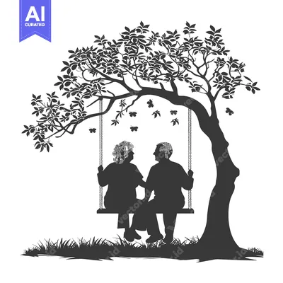 Aset desain premium: Elderly Couple Sitting on a Swing Under a Tree with Butterflies