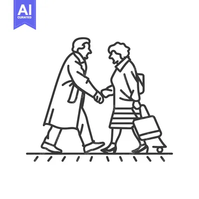 Premium design asset: Elderly Couple Walking with Luggage, Black and White Line Art