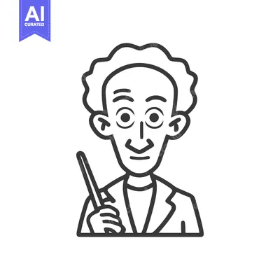 Aset desain premium: Cartoon Professor with Pointer: Black and White Line Art Illustration