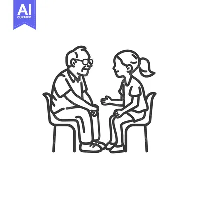Aset premium populer: Elderly man and young woman sitting on chairs, facing each other in co