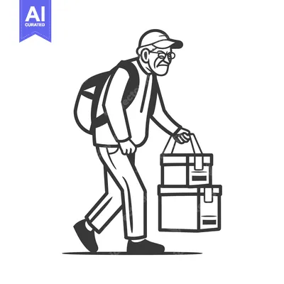 Aset desain premium: Elderly Man Carrying Boxes While Wearing a Backpack