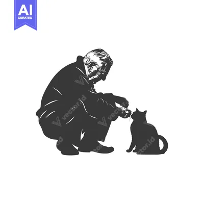 Aset premium populer: Elderly Man Feeding a Cat with His Hand