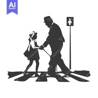 Premium design asset: Elderly Man Helping Young Girl Cross a Crosswalk