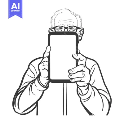 Premium design asset: Elderly man holding a smartphone, smiling behind the screen