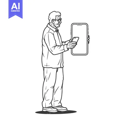 Aset desain premium: Elderly Man Holding Smartphone, Looking at Screen