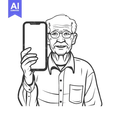 Aset premium populer: Elderly Man Holding Smartphone with Happy Expression