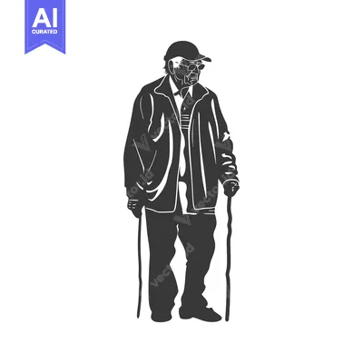 Aset desain premium: Elderly man in cap and jacket, walking with two canes