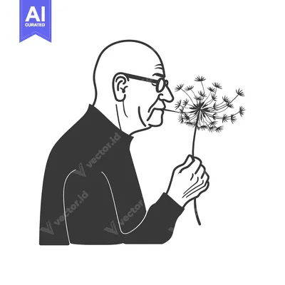 Premium design asset: Elderly man in glasses smelling a dandelion