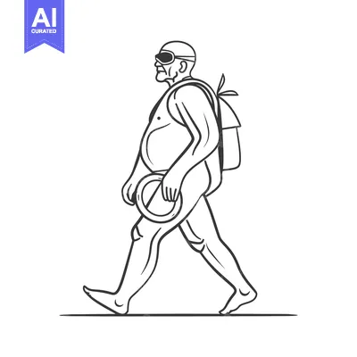 Premium design asset: Elderly Man in Goggles with Backpack and Lifebuoy Walking