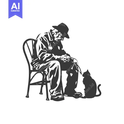Premium design asset: Elderly Man in Hat Sitting on a Chair with a Cat