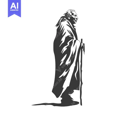 Aset premium populer: Elderly Man in Robe Holding a Walking Stick