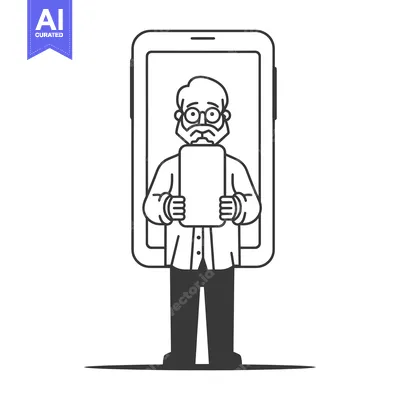 Aset premium populer: Elderly Man Inside a Smartphone Holding a Tablet
