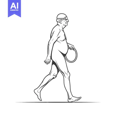 Aset premium populer: Elderly Man in Swim Cap and Goggles Walking with a Pool Noodle
