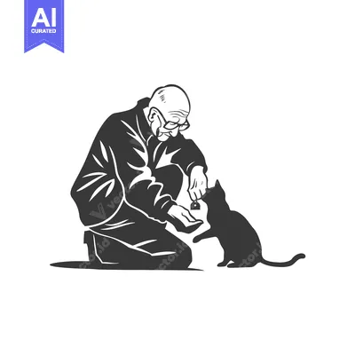 Aset desain premium: Elderly Man Kneeling and Feeding a Cat