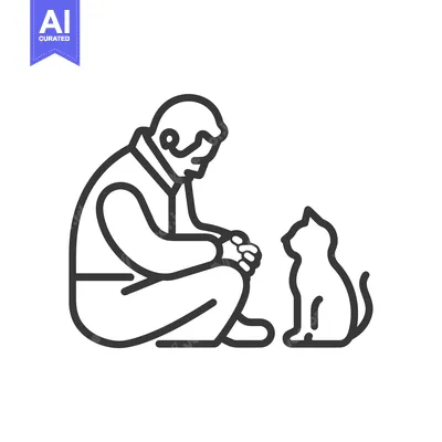 Aset premium populer: Elderly Man Kneeling and Looking at a Cat