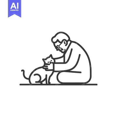 Aset desain premium: Elderly Man Kneeling and Petting a Cat