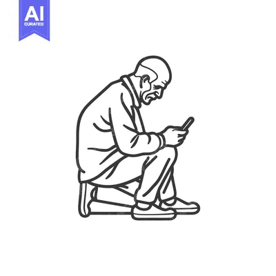 Premium design asset: Elderly Man Kneeling and Using a Smartphone