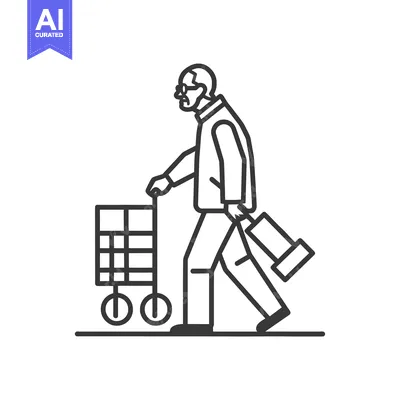 Aset premium populer: Elderly Man Pushing Shopping Cart and Carrying a Bag