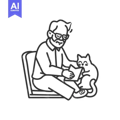 Aset premium populer: Elderly Man Reading with Cat Companion