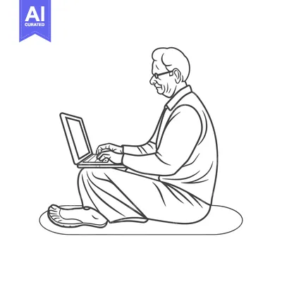Aset desain premium: Elderly Man Sitting and Using a Laptop