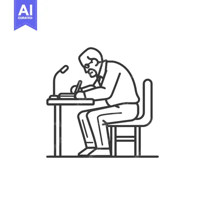 Aset premium populer: Elderly Man Sitting at a Desk Writing with a Microphone in Front of Hi