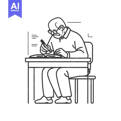 Aset desain premium: Elderly Man Sitting at a Desk Writing with a Pen