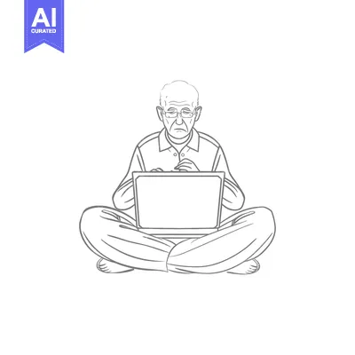 Elderly Man Sitting Cross-Legged on the Floor Using a Laptop