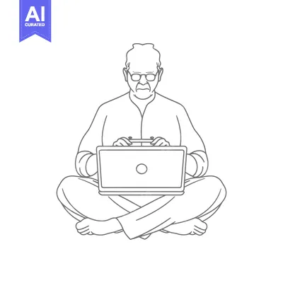 Elderly Man Sitting Cross-legged Using a Laptop