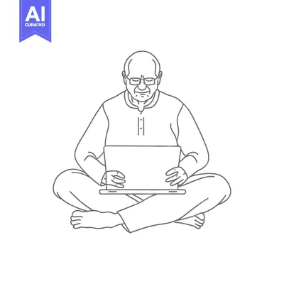 Aset desain premium: Elderly Man Sitting Cross-legged with Laptop