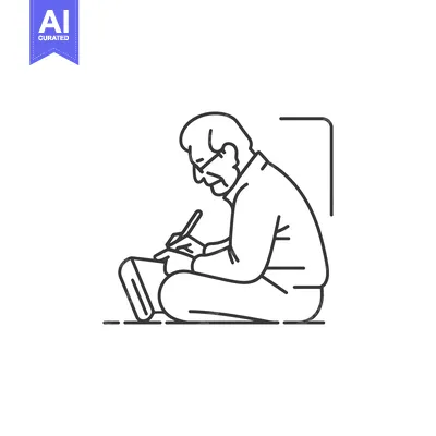 Aset desain premium: Elderly Man Sitting Cross-legged, Writing with a Pen
