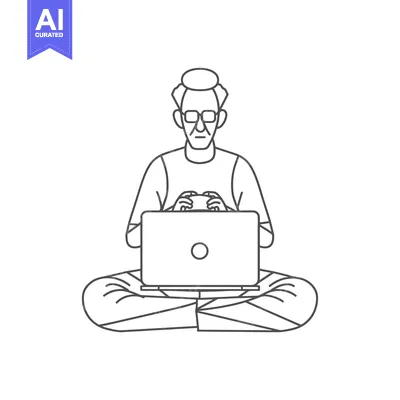 Aset desain premium: Elderly Man Sitting in Lotus Position Using Laptop