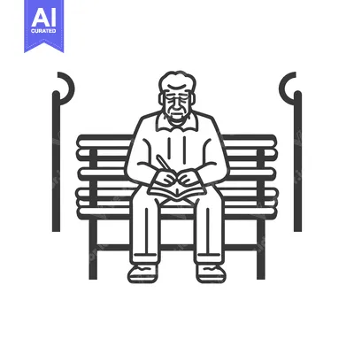 Aset desain premium: Elderly Man Sitting on a Bench Writing in a Notebook