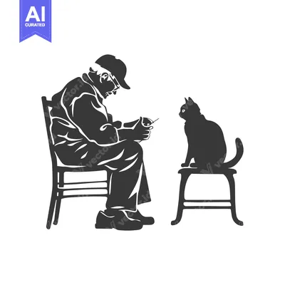 Premium design asset: Elderly Man Sitting on a Chair with a Cat on a Stool