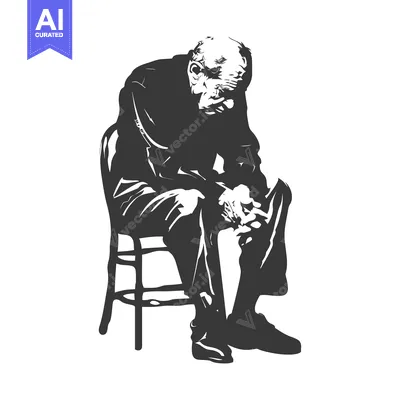 Premium design asset: Elderly man sitting on a chair with his head bowed, in a simple black