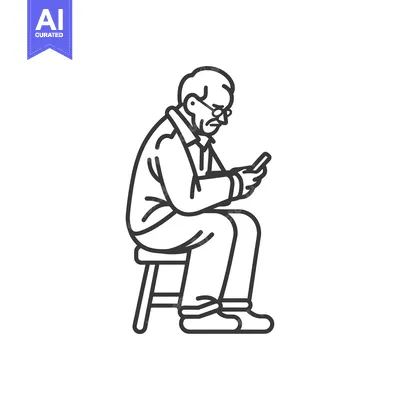 Popular premium asset: Elderly man sitting on a stool, looking at a phone