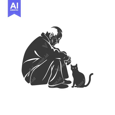 Aset premium populer: Elderly Man Sitting with a Cat