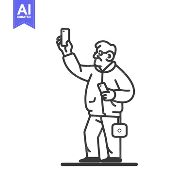 Aset desain premium: Elderly Man Taking a Selfie with Smartphone