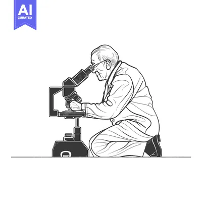 Elderly Man Using a Microscope, Kneeling and Looking Through the Lens