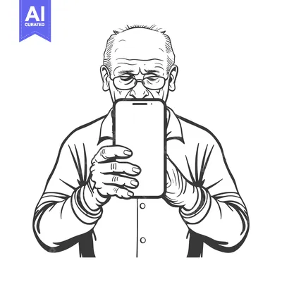 Aset desain premium: Elderly Man Using Smartphone, Black and White Line Art