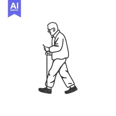Aset desain premium: Elderly Man Walking with a Cane and Using a Smartphone