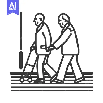 Aset desain premium: Elderly Man Walking with a Walker Assisted by Another Person