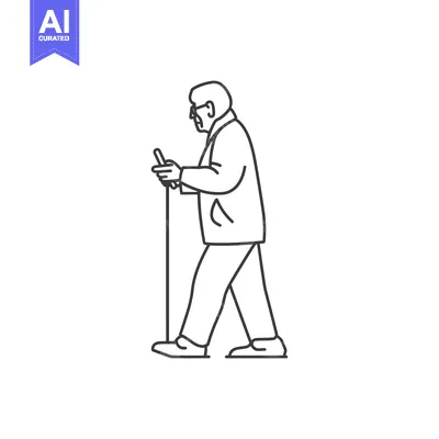 Aset desain premium: Elderly Man Walking with Cane and Using Smartphone