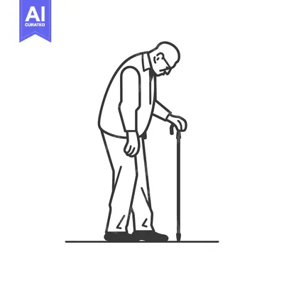 Popular premium asset: Elderly Man Walking with Cane, Line Drawing Illustration