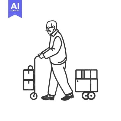 Aset premium populer: Elderly Man Walking with Handcart and Cart Full of Boxes