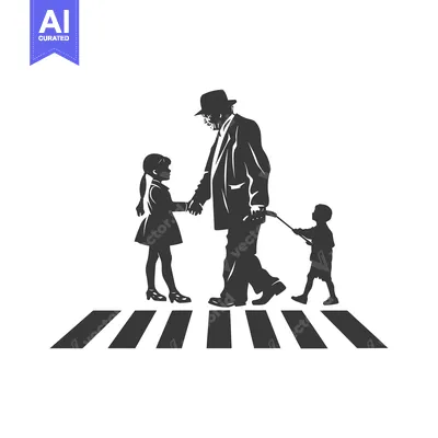 Aset premium populer: Elderly man walking with two children across crosswalk