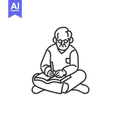 Aset premium populer: Elderly man wearing glasses sitting cross-legged and writing in a note