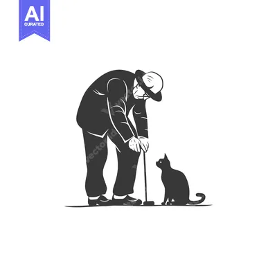 Aset desain premium: Elderly man with a cane looking at a cat