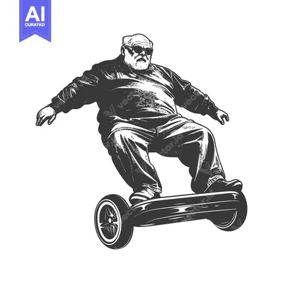 Premium design asset: Elderly man with beard and sunglasses riding an electric scooter
