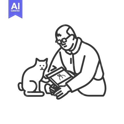 Premium design asset: Elderly Man with Cat Looking at a Tablet