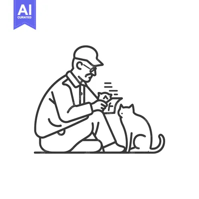 Aset premium populer: Elderly Man with Glasses and Cap Looking at a Photograph with a Cat Be